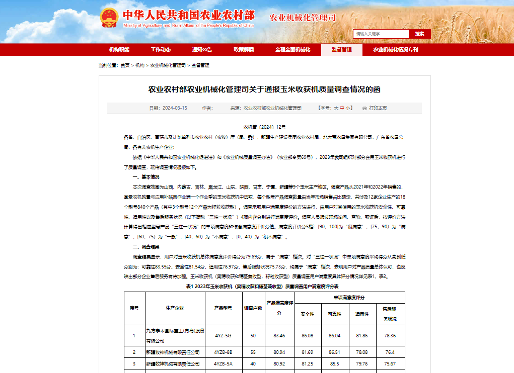 強國興農 九方先行 | 九方泰禾獲2023年玉米收獲機質量調查用戶滿意度評分全國第一